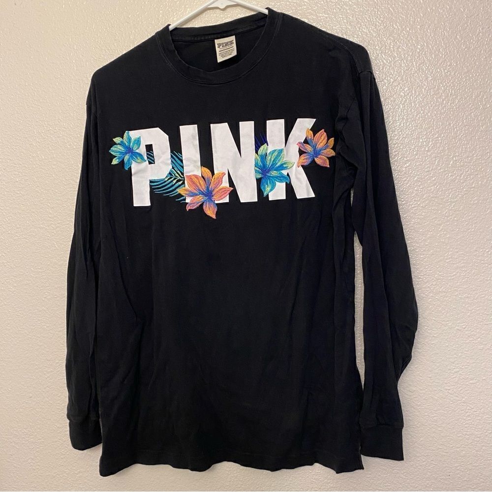 VS Victorias Secret PINK embroidered large logo long black crew neck Y2K S